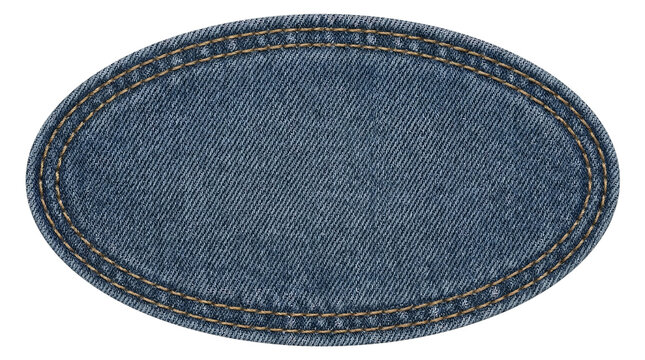 An oval patch made of blue denim fabric with visible stitching texture isolated on a transparent background