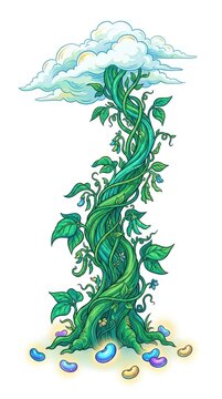 A fantastical illustration of a massive, leafy beanstalk rising toward clouds from a scattering of glowing magic beans on a white background, design, giant, isolated