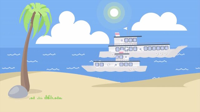 Sandy cartoon beach with palm tree and passing ships
