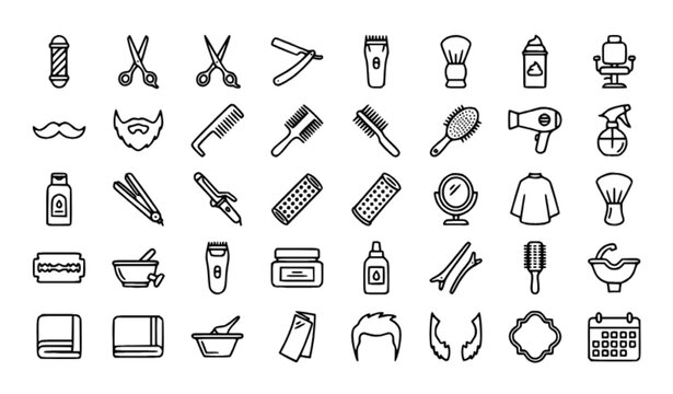 Barbershop and Hair Salon Line Icon Set &ndash; Haircut, Grooming and Beauty Outline Symbols