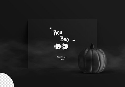 Halloween Horizontal Poster Card Mockup with Pumpkin Isolated