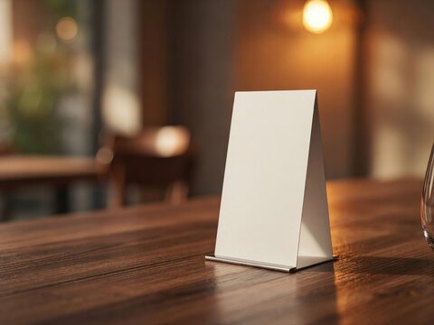Blank table tent sign mockup on a wooden restaurant table with warm ambient lighting and blurred interior background