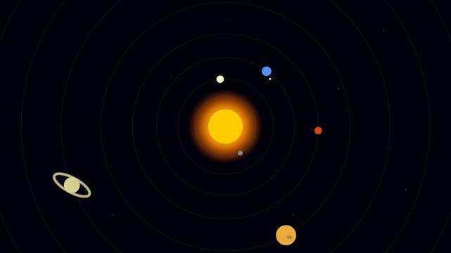 Minimalist Flat Design Illustration Featuring a Stylized Orbiting Planetary Solar System Model
