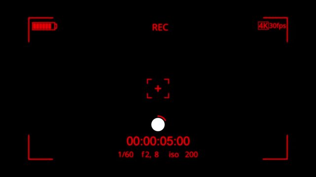 Camera recording screen overlay with alpha channel. Dslr camera frame viewfinder, screen of video recorder digital display with multiple settings and timer. 4K camcorder interface for video cameras.