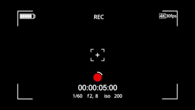 Camera recording screen overlay with alpha channel. Dslr camera frame viewfinder, screen of video recorder digital display with multiple settings and timer. 4K camcorder interface for video cameras.