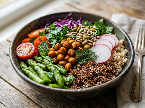 Healthy vegetarian buddha bowl with roasted chickpeas quinoa asparagus and fresh vegetables.