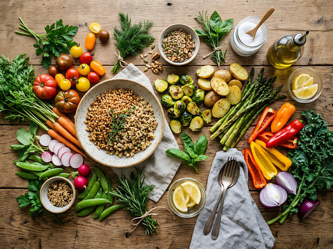 Top view of a healthy vegetarian meal preparation with various fresh vegetables and grains on a wooden table.