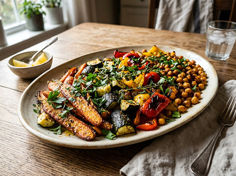 A delicious platter of roasted vegetables with chickpeas served on a rustic wooden table.