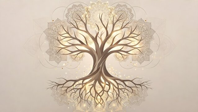 Abstract Majestic Tree of Life Vector Poster Background Glowing Roots Branches Subtle Mandalas Soft Earthy Tones Gold Accents Graphic Design Presentation