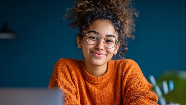 Smiling Woman with Laptop on Plain Background with Copy Space