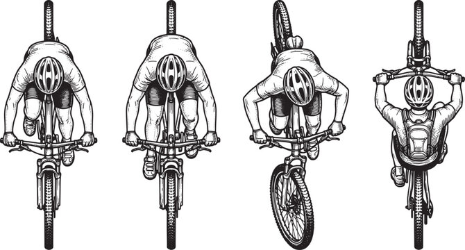 Mountain Bike Rider Set Top View Line Art Vector Illustration for Sports and Outdoor Activity Design