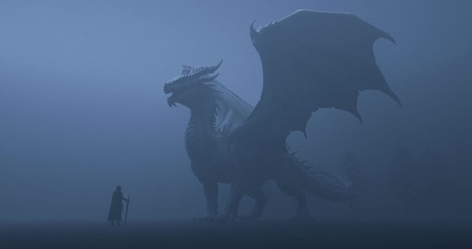 Shaky handheld camera recording silhouette of knight facing giant dragon in dark foggy night with lightning