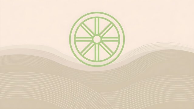 Minimalist Wheel of Dharma Vector Background Raked Zen Garden Sand Patterns Soft Pastel Green Beige Tones Smooth Lines Clean Harmonious Composition