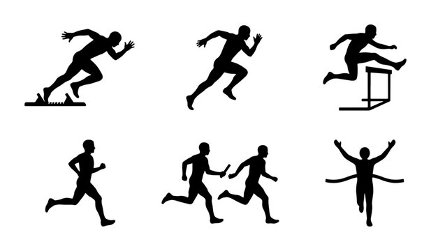 Track and field athletes silhouettes set with runner, hurdler, relay runners and winner at finish line