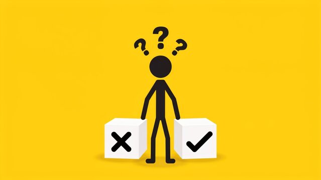 Stick figure standing between two white cubes with a cross and a checkmark, yellow background