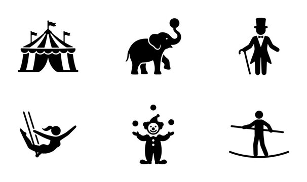 Circus performance silhouettes set with tent, elephant, ringmaster, trapeze artist, clown and tightrope walker for entertainment