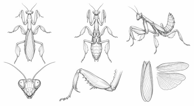 Orchid mantis anatomical study set with dorsal, ventral, profile, head, leg, and wing views. Detailed pencil sketch on white background.