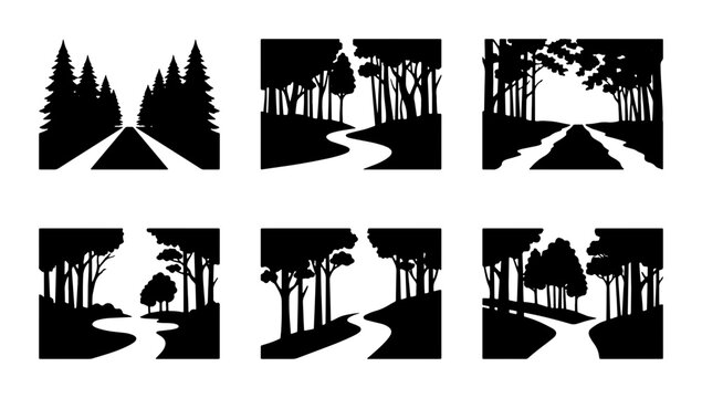 Forest path silhouettes set with trees and winding roads for nature logos and travel graphics