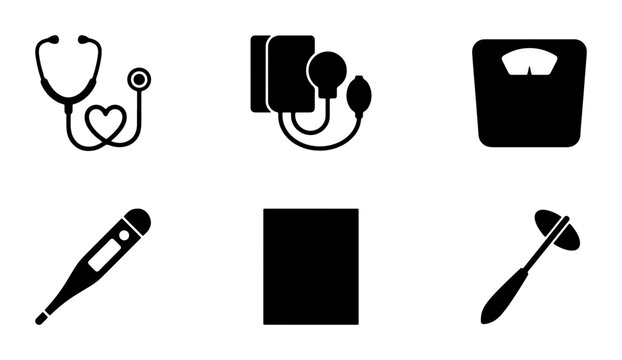 Medical equipment silhouettes set with stethoscope, blood pressure monitor, scale, thermometer and reflex hammer for healthcare