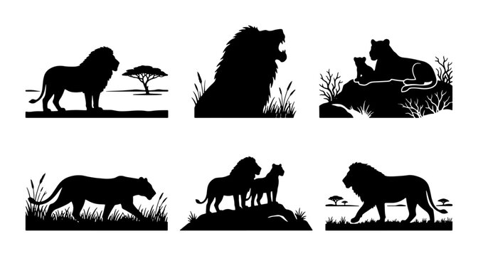 Lion silhouettes set with roaring male, walking lioness and cubs for wildlife theme logo