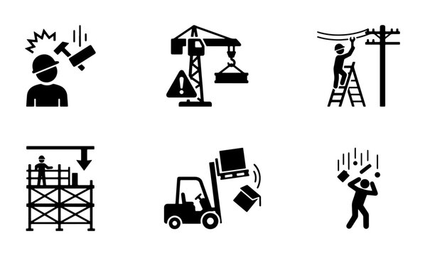 Work safety warning silhouettes set with falling objects, construction hazards and electrical work for safety signage