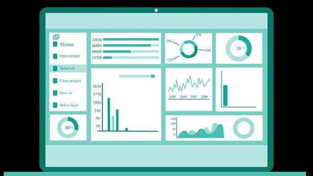 Laptop screen dashboard with multiple charts and sidebar menu animation