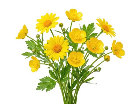 A vibrant cluster of bright yellow flowers, including daisies and buttercups, with green stems and leaves, isolated on a pure white background, simple, botany, petals