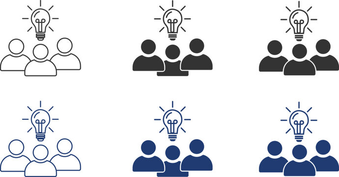 Teamwork idea icon set features stylized figures surrounding a lightbulb presented in varying color schemes collaboration team group community partnership innovation
