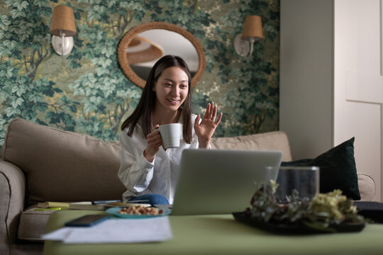 Asian freelancer making video call during online meeting at home