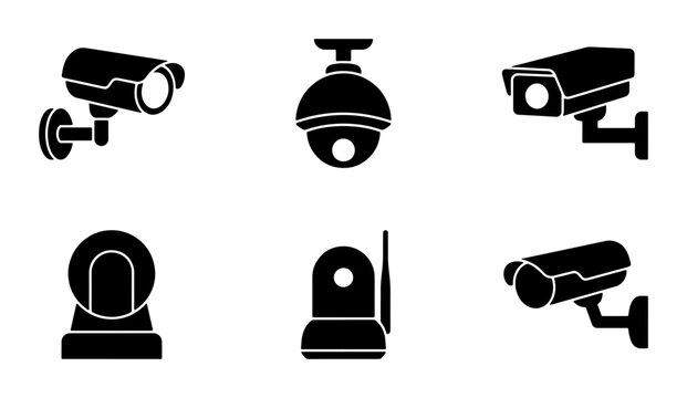 Security camera silhouettes set with surveillance equipment for protection and monitoring for logo and signage