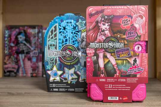 Mattel Monster High Skulltimate Secrets Draculaura doll toy with surprise accessories displayed for sale in a toy store. Kaliningrad, Russia. September 15, 2026