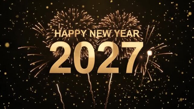 Happy New Year 2027 Golden Fireworks Celebration Night Festive Glow 4k