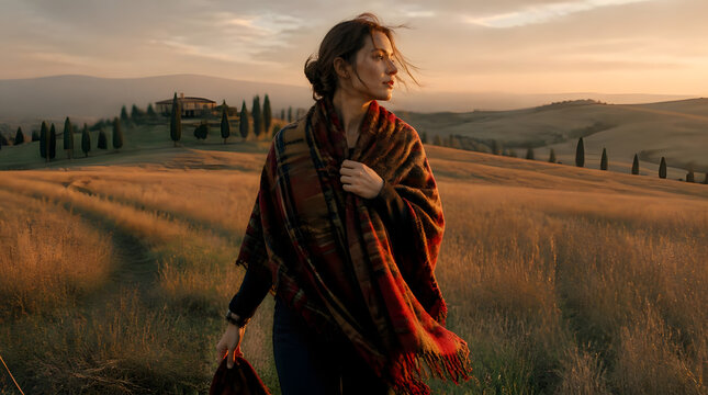 Woman standing open field holding plaid shawl under warm sunset rural countryside expansive fields distant hills