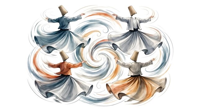 Sufi Whirling Dervishes In Powerful Rhythmic Spinning Dance Graphic Illustration Design Whirling Skirts and Tall Hats Illustration on White Background  Mevlevi Order Spiritual Dance Vector Art