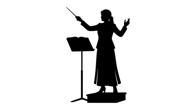 Orchestra Conductor Leading: A silhouetted female conductor stands on a podium, baton in hand, gesturing expressively as she leads an unseen orchestra, embodying artistry and musical direction.