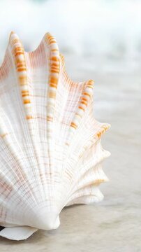 A single seashell lies on a sandy beach, near the ocean