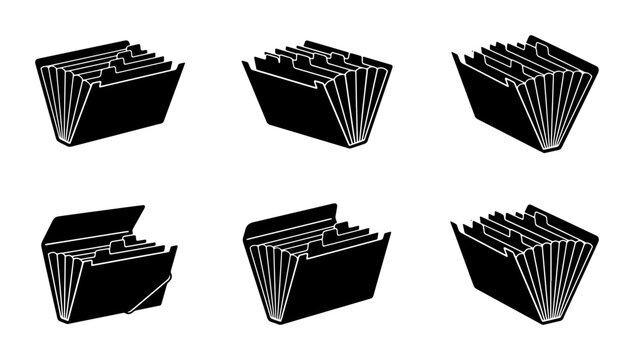 Accordion file organizer silhouettes set with folders and tabs, office stationery