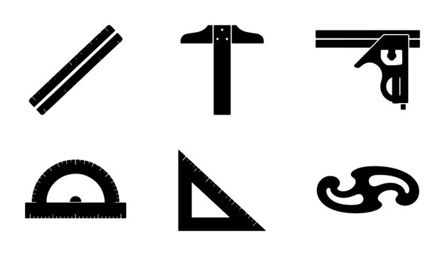 Measuring tools silhouettes set with ruler, protractor, set square, T-square, caliper and French curve for drafting and design