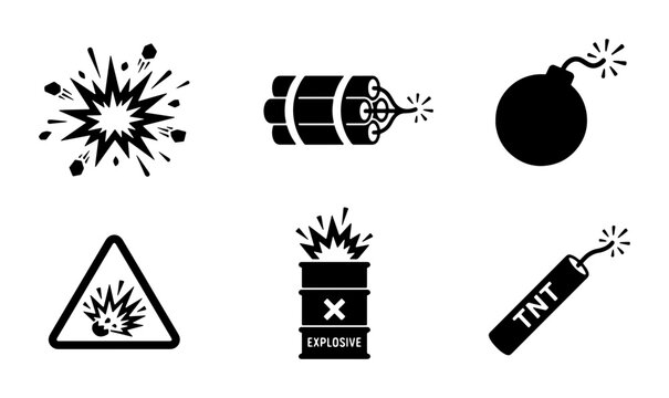 Explosion warning sign, dynamite, bomb and TNT silhouettes for danger