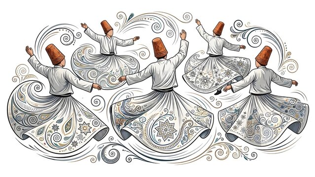 Sufi Whirling Dervishes In Powerful Rhythmic Spinning Dance Graphic Illustration Design Whirling Skirts and Tall Hats Illustration on White Background  Mevlevi Order Spiritual Dance Vector Art