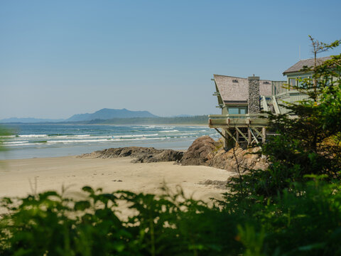 Wooden beachside building at the beach on Vancouver island in summer