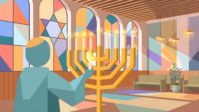 Faceless Figure Lighting Large Menorah Vector Background Contemporary Synagogue Stained Glass Windows Colored Light Hanukkah Judaism