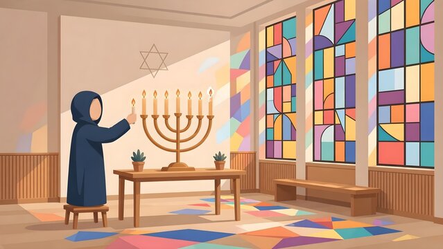 Faceless Figure Lighting Large Menorah Vector Background Contemporary Synagogue Stained Glass Windows Colored Light Hanukkah Judaism