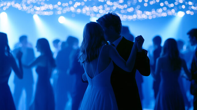 Romantic couple dancing together in a dimly lit ballroom during a night party event.