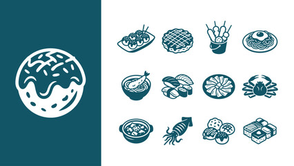 Fototapeta premium Collection of minimalist Japanese street food and traditional cuisine icons featuring takoyaki, sushi, ramen, okonomiyaki, and grilled seafood in a flat vector graphic style.
