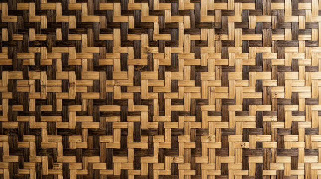 Woven bamboo texture with geometric dark and light wood pattern