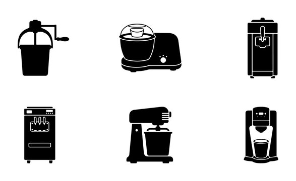 Ice cream maker silhouettes set with manual churn, mixer and dispenser for logos and signage