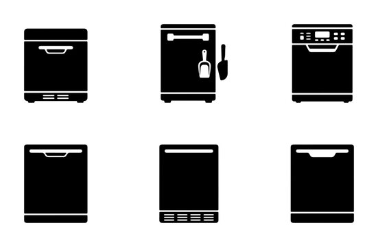 Ice maker silhouettes set with scoop, kitchen appliance icons for web and print