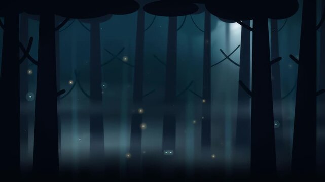 Cinematic moonlit forest at night with drifting mist tree silhouettes fireflies and glowing animal eyes loop