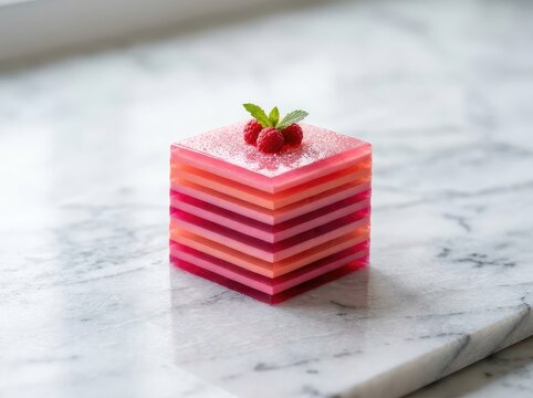 Close-up of geometric, layered pink gelatin cakes on a marble surface. The vibrant square treats show precise alignment and artistic structure, up, colorful, strawberry